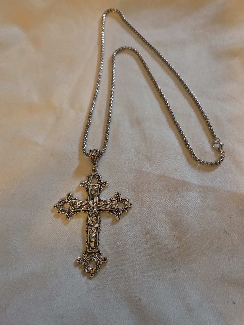 Intricate Silver-Tone Floral Cross Pendant Necklace